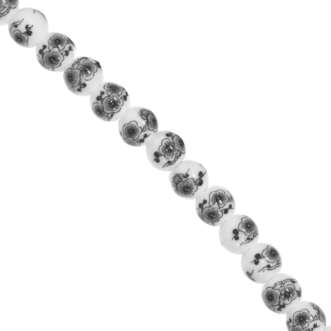 Porcelain Beads, Round, Floral, 10mm, White, Approx 22 pcs per strand, Available in Multiple Colours