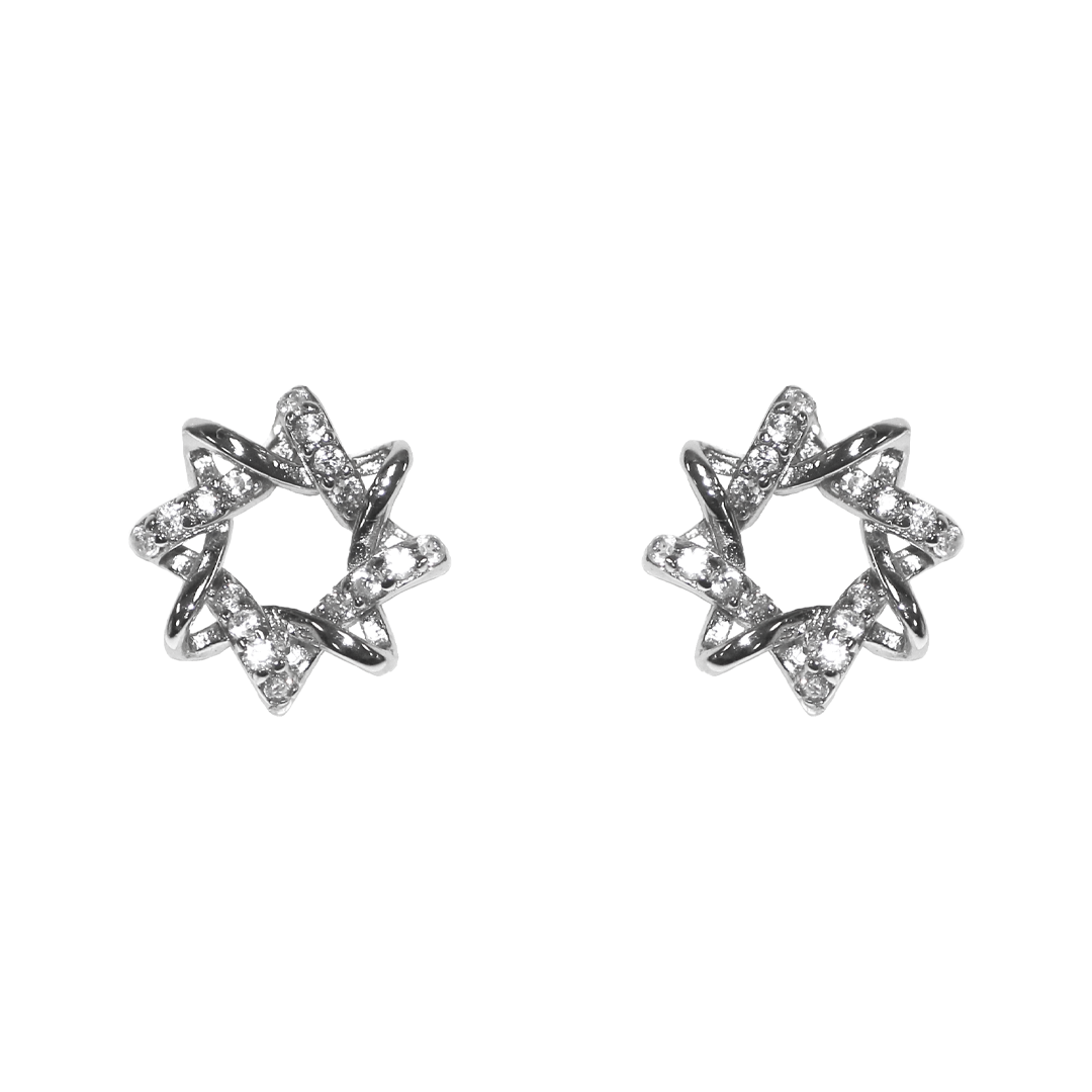 Earrings, Cubic Zirconia Twisted Round Stud, 925 Sterling Silver, 8mm, Sold per pkg of 1 pair