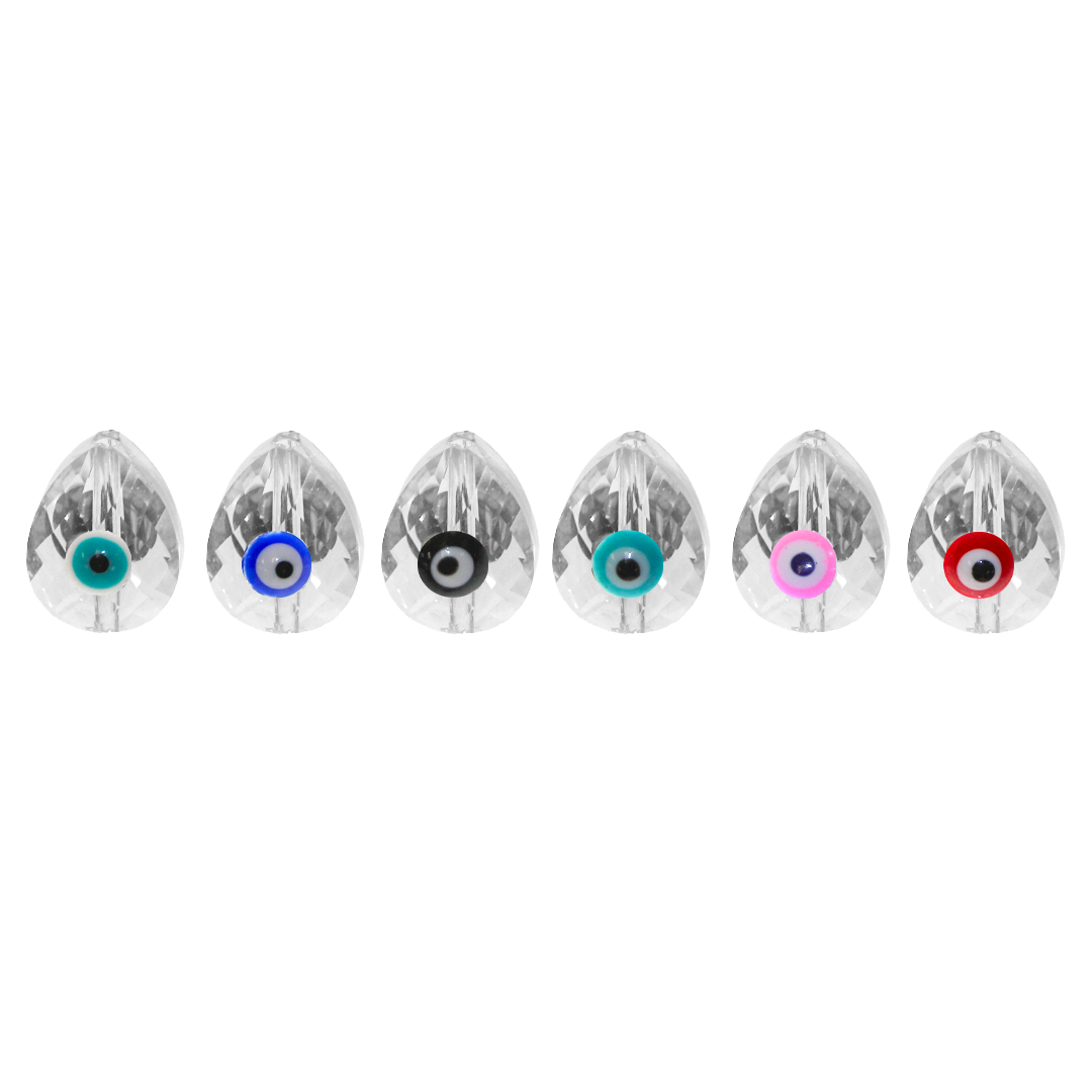 Glass Beads, Evil Eye, Teardrop, Faceted, Transparent AB, 12mm x 9mm, Sold Per pkg of 5, Available in Multiple Colours