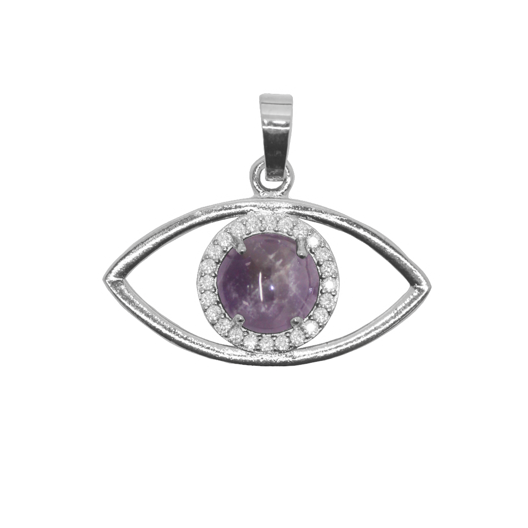 Gemstone Pendant, Evil Eye, Silver, Alloy, 21.5mm x 33mm, Available in Multiple Gemstones, 1 pc