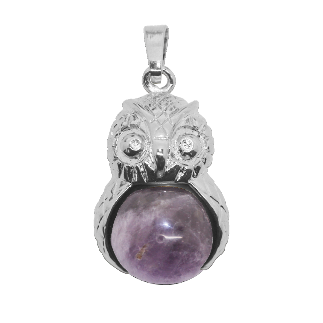 Gemstone Pendant, Owl, Silver, Alloy, 31mm x 19.5mm, Available in Multiple Gemstones, 1 pc