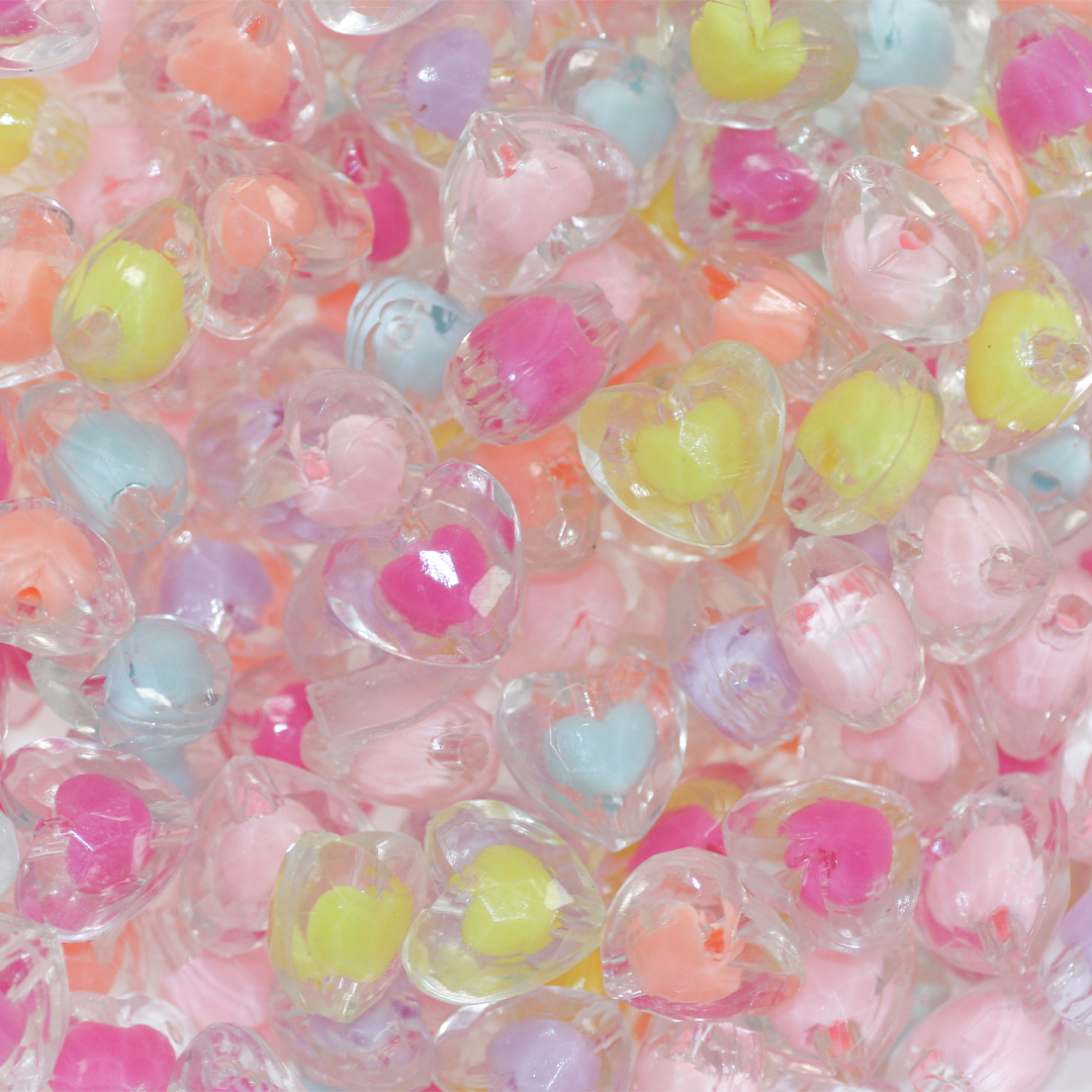 Plastic Beads Bulk Bag, Heart, Faceted, 14mm x 15.5mm, Transparent, Mixed Colours, Sold Per pkg of Approx 130+