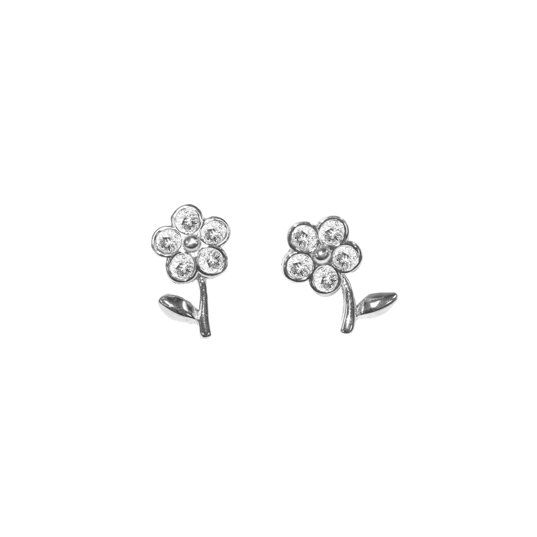 Earrings, Cubic Zirconia Flower Stud, 925 Sterling Silver, 10.5mm x 6.5mm, Sold per pkg of 1 pair, Available in Multiple Colours