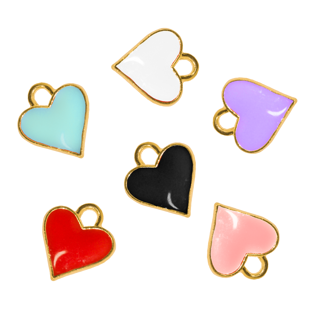 Charm, Hearts, Enameled, Multicoloured, Gold, Alloy, 9mm x 10mm, 2mm hole, Sold Per pkg of 12