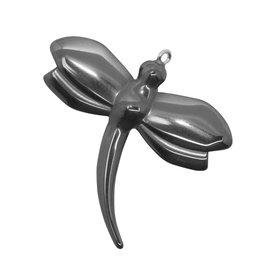 Hematite Dragonfly Pendant, Semi-Precious Stone, 46.5mm x 47.5mm, 1 pc