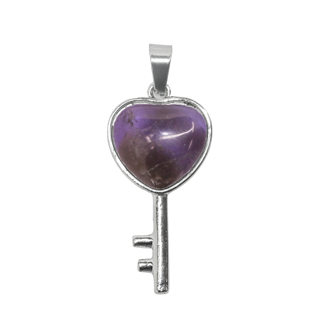 Gemstone Pendant, Heart Key, Silver, Alloy, 36mm x 18mm, Available in Multiple Gemstones, 1 pc