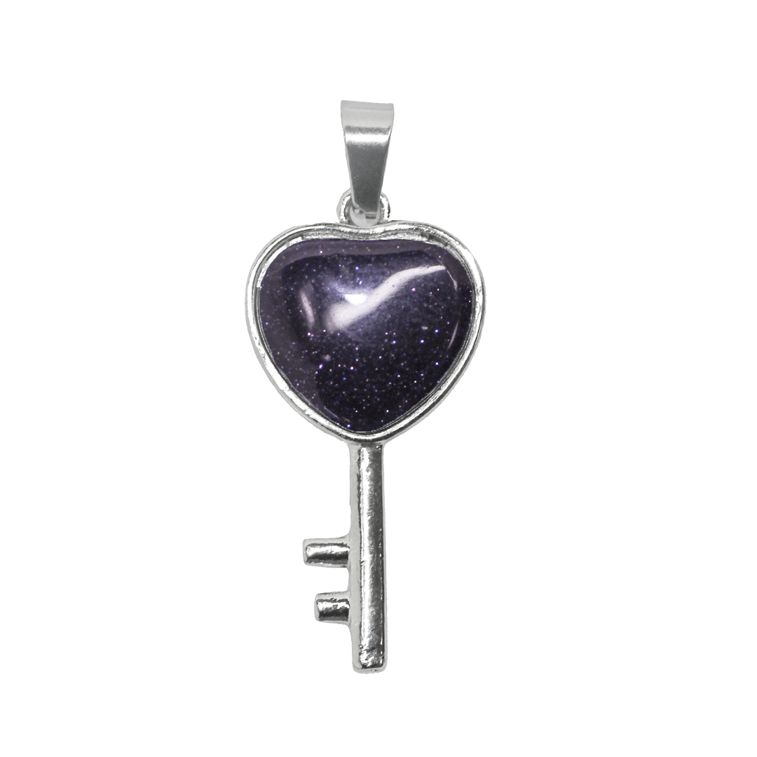 Gemstone Pendant, Heart Key, Silver, Alloy, 36mm x 18mm, Available in Multiple Gemstones, 1 pc