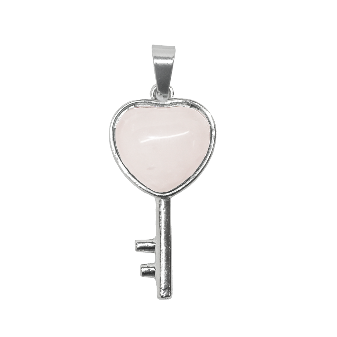 Gemstone Pendant, Heart Key, Silver, Alloy, 36mm x 18mm, Available in Multiple Gemstones, 1 pc