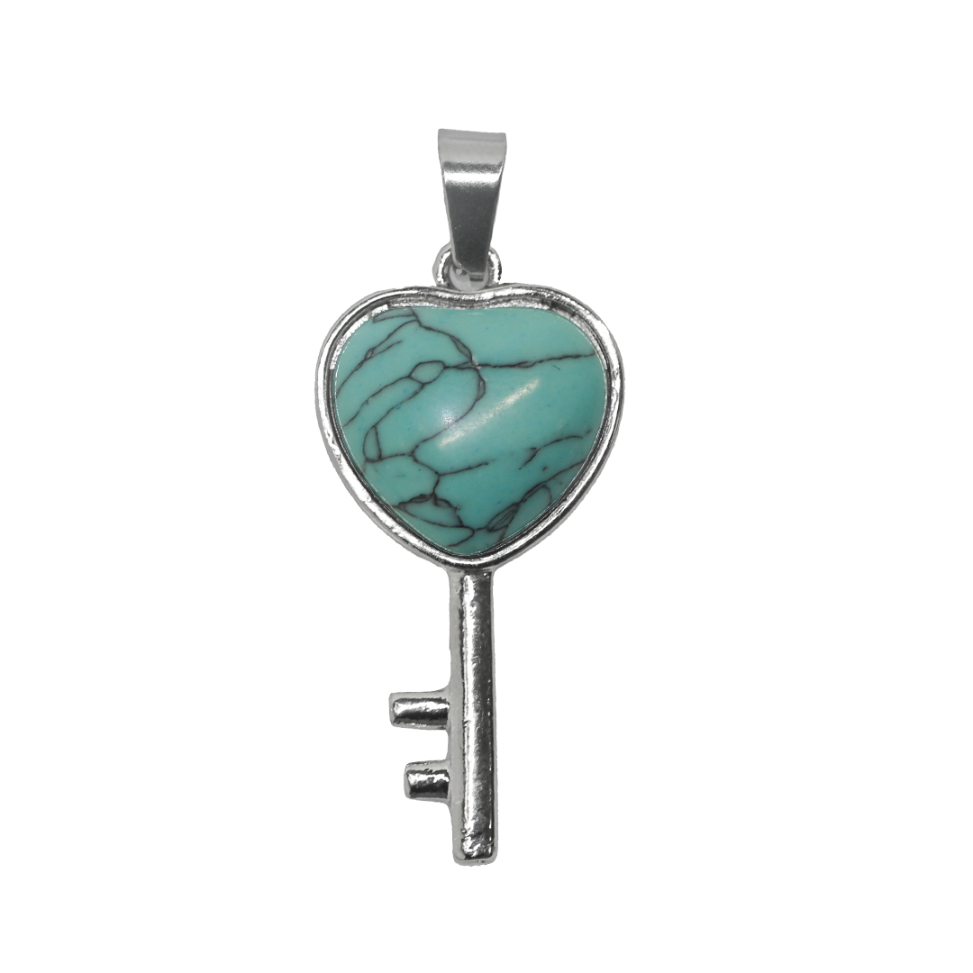 Gemstone Pendant, Heart Key, Silver, Alloy, 36mm x 18mm, Available in Multiple Gemstones, 1 pc