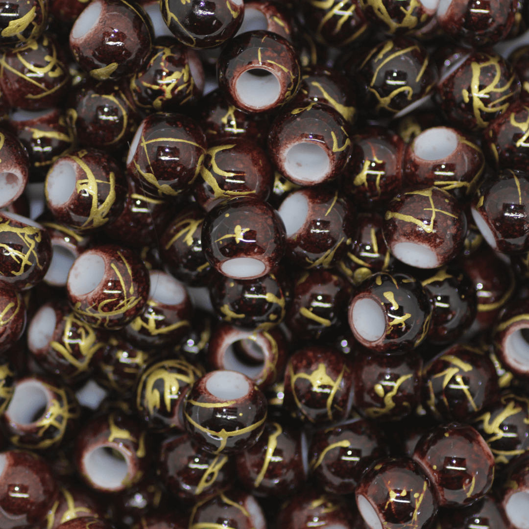 Plastic Beads Bulk Bag, Splatter Gold Lines, Large Hole, 10mm, Sold Per pkg of Approx 180