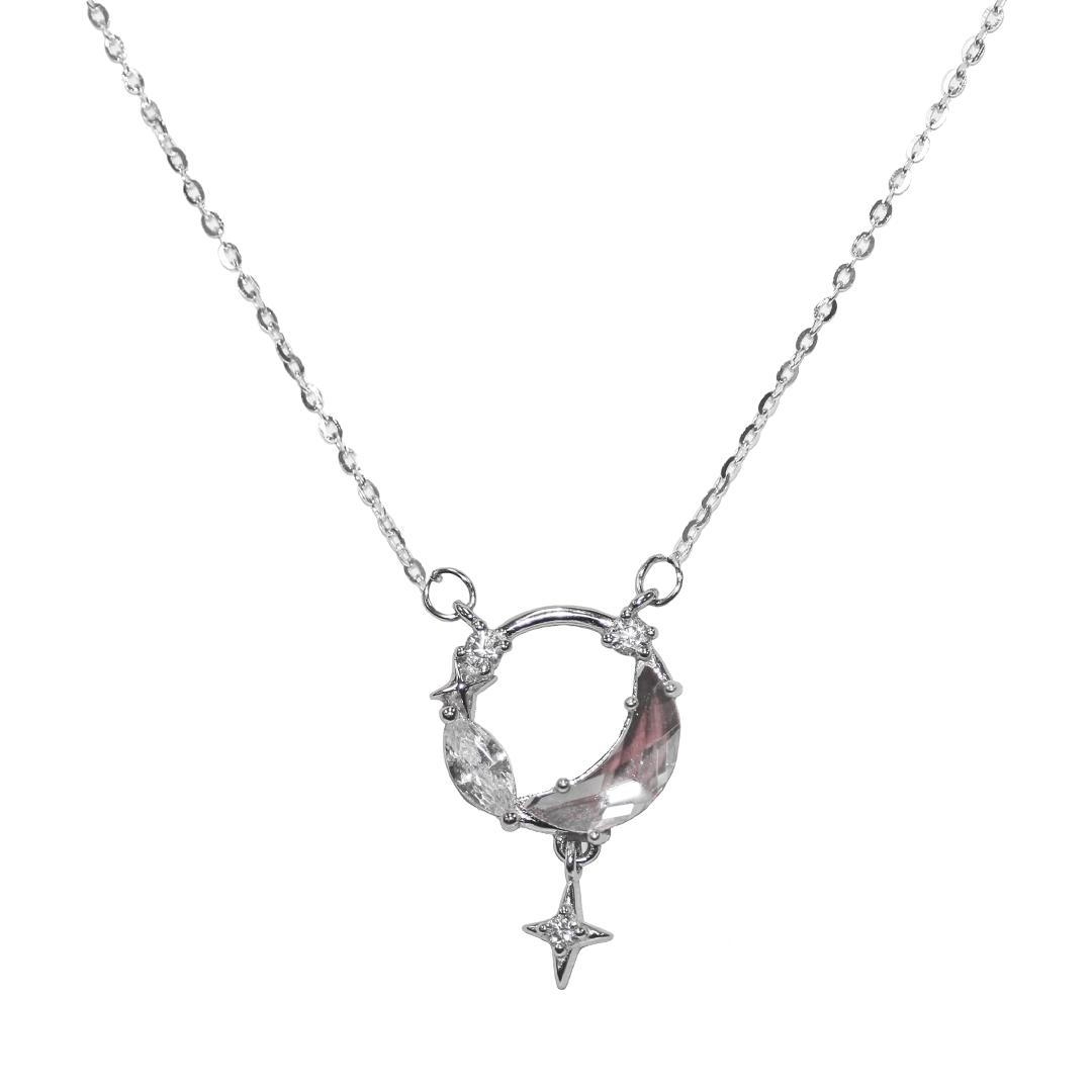 Necklace, Cubic Zirconia Moon & Star, 925 Sterling Silver, Round, 15.5" + 2" extension - 1pc