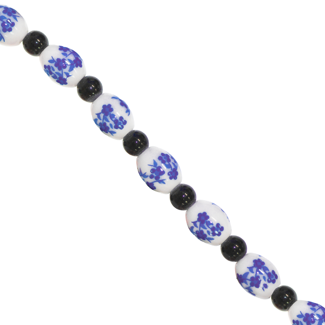 Porcelain Beads, Oval, Floral, 10mm x 8mm, White, Black Spacer, Approx 12 pcs per strand, Available in Multiple Colours