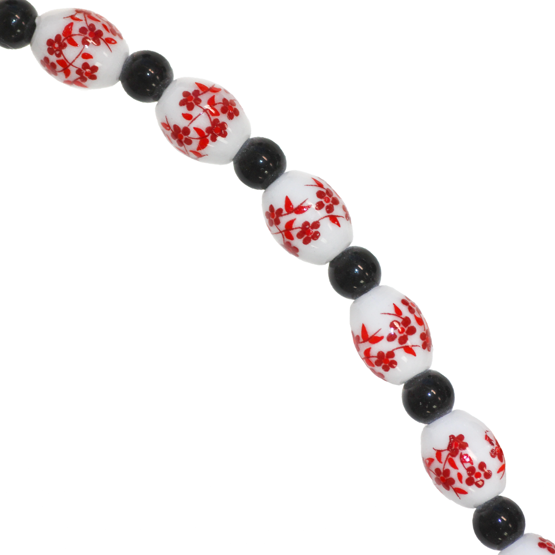 Porcelain Beads, Oval, Floral, 10mm x 8mm, White, Black Spacer, Approx 12 pcs per strand, Available in Multiple Colours