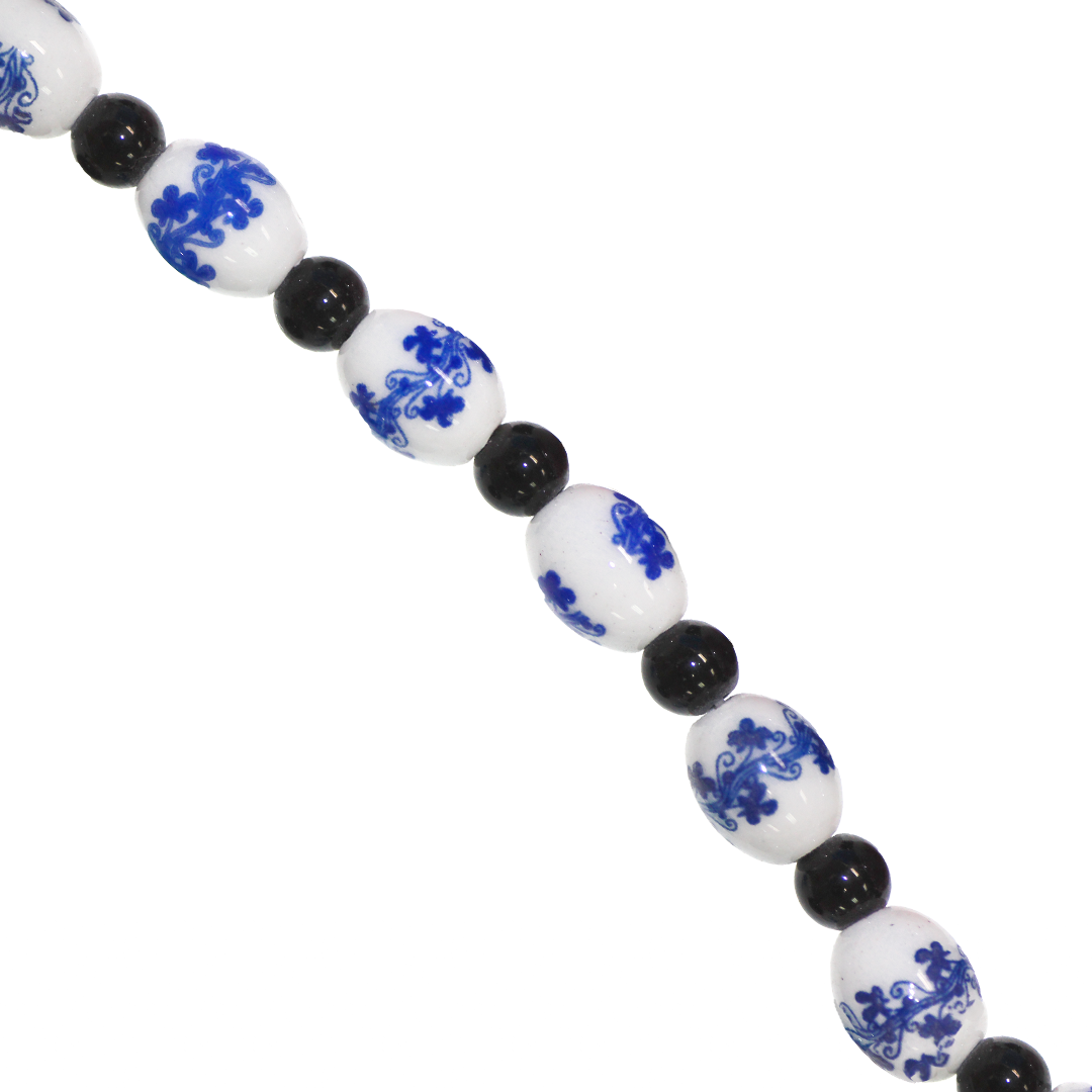 Porcelain Beads, Oval, Floral, 10mm x 8mm, White, Black Spacer, Approx 12 pcs per strand, Available in Multiple Colours