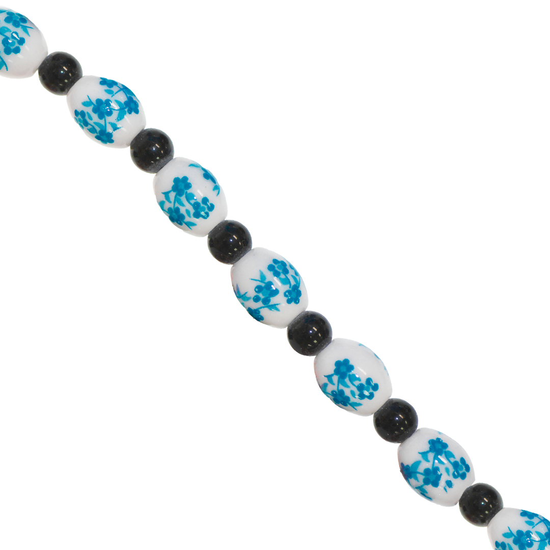 Porcelain Beads, Oval, Floral, 10mm x 8mm, White, Black Spacer, Approx 12 pcs per strand, Available in Multiple Colours