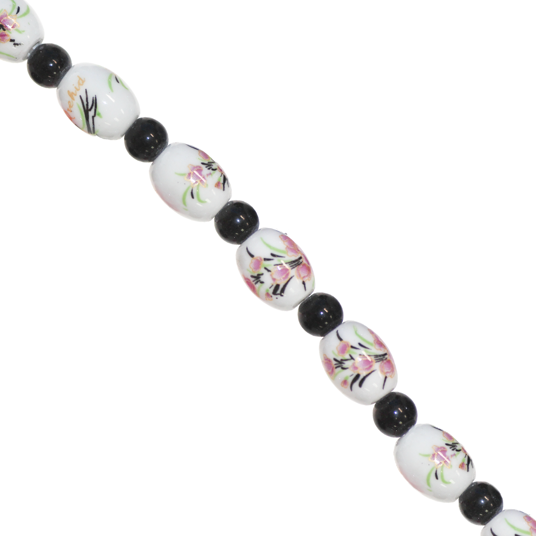 Porcelain Beads, Oval, Floral, 10mm x 8mm, White, Black Spacer, Approx 12 pcs per strand, Available in Multiple Colours