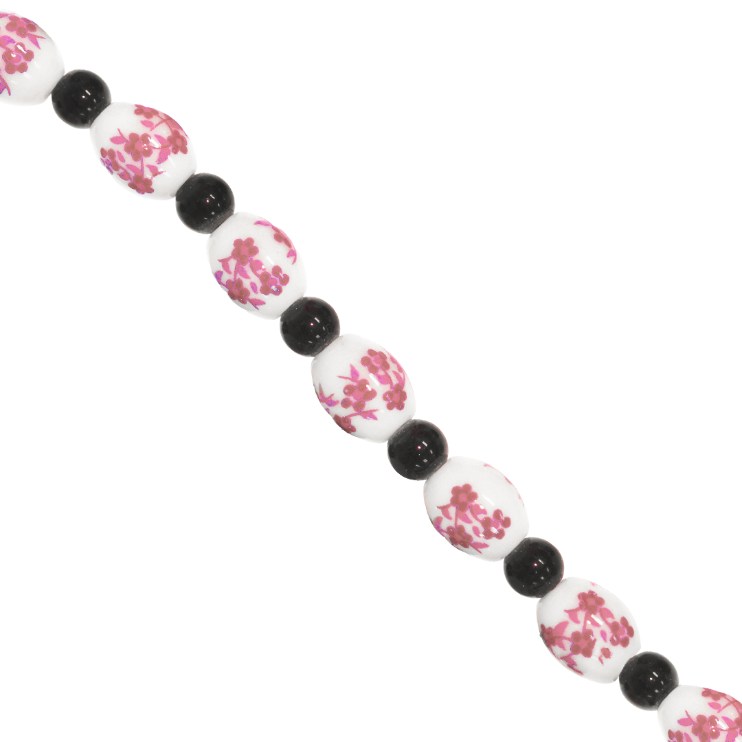 Porcelain Beads, Oval, Floral, 10mm x 8mm, White, Black Spacer, Approx 12 pcs per strand, Available in Multiple Colours