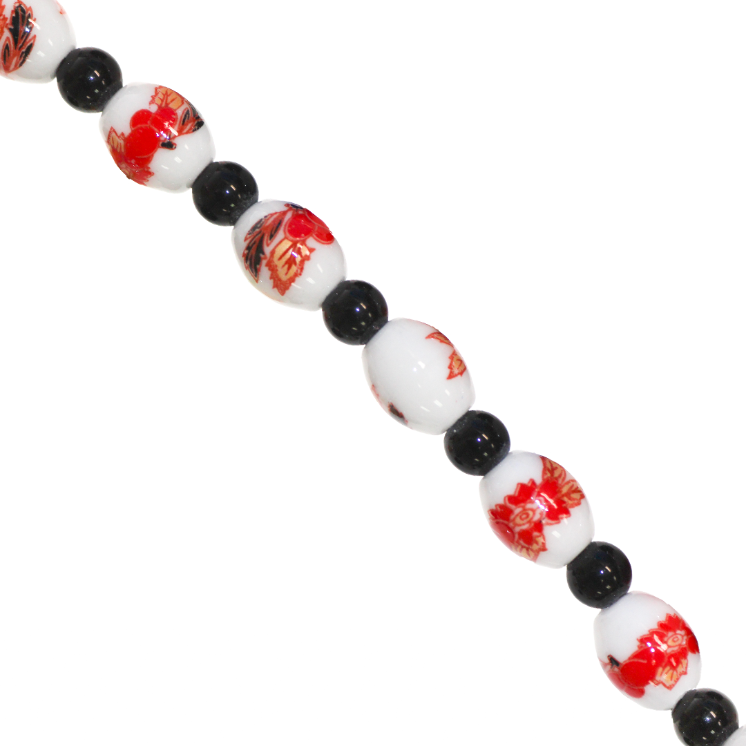 Porcelain Beads, Oval, Floral, 10mm x 8mm, White, Black Spacer, Approx 12 pcs per strand, Available in Multiple Colours