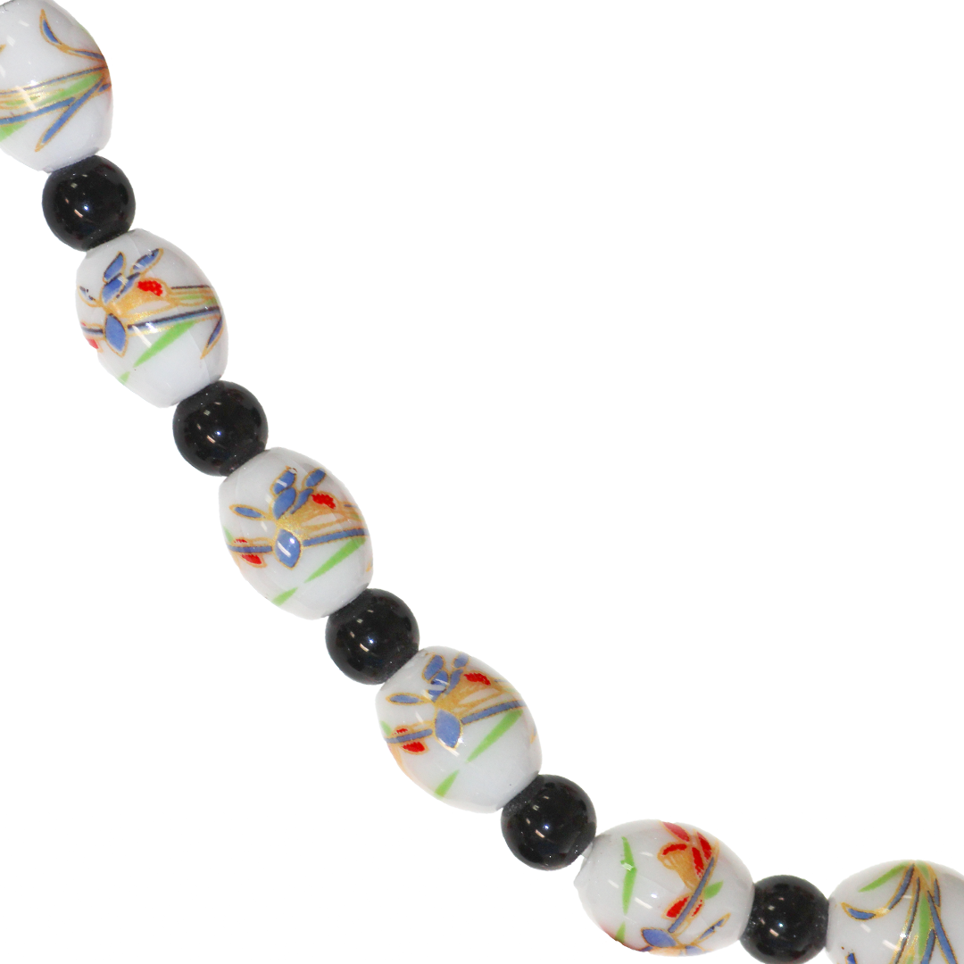 Porcelain Beads, Oval, Floral, 10mm x 8mm, White, Black Spacer, Approx 12 pcs per strand, Available in Multiple Colours