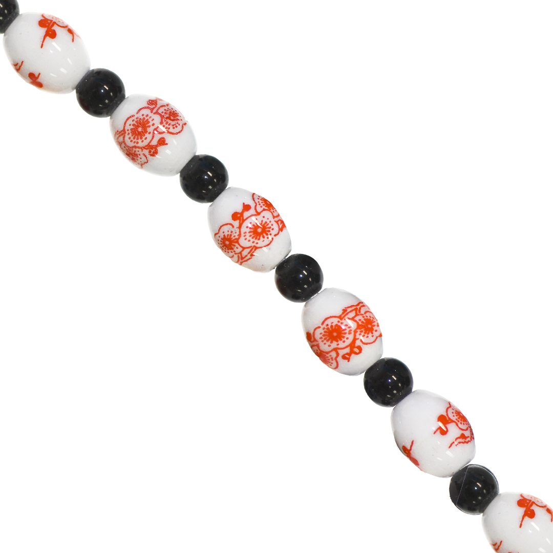 Porcelain Beads, Oval, Floral, 10mm x 8mm, White, Black Spacer, Approx 12 pcs per strand, Available in Multiple Colours