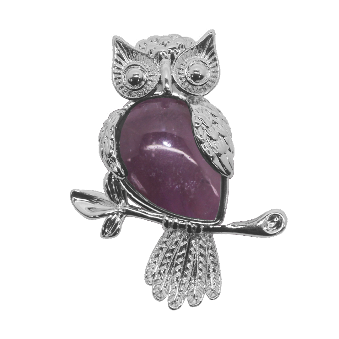 Gemstone Pendant, Owl, Silver, Alloy, 35mm x 25mm, Available in Multiple Gemstones, 1 pc