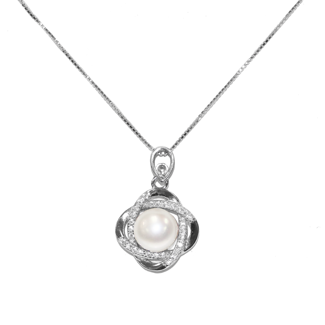 Necklace, Cubic Zirconia Pearl Flower, 925 Sterling Silver, 18" - 1pc