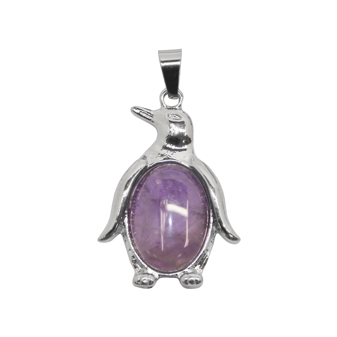 Gemstone Pendant, Penguin, Silver, Alloy, 34mm x 7mm, Available in Multiple Gemstones, 1 pc
