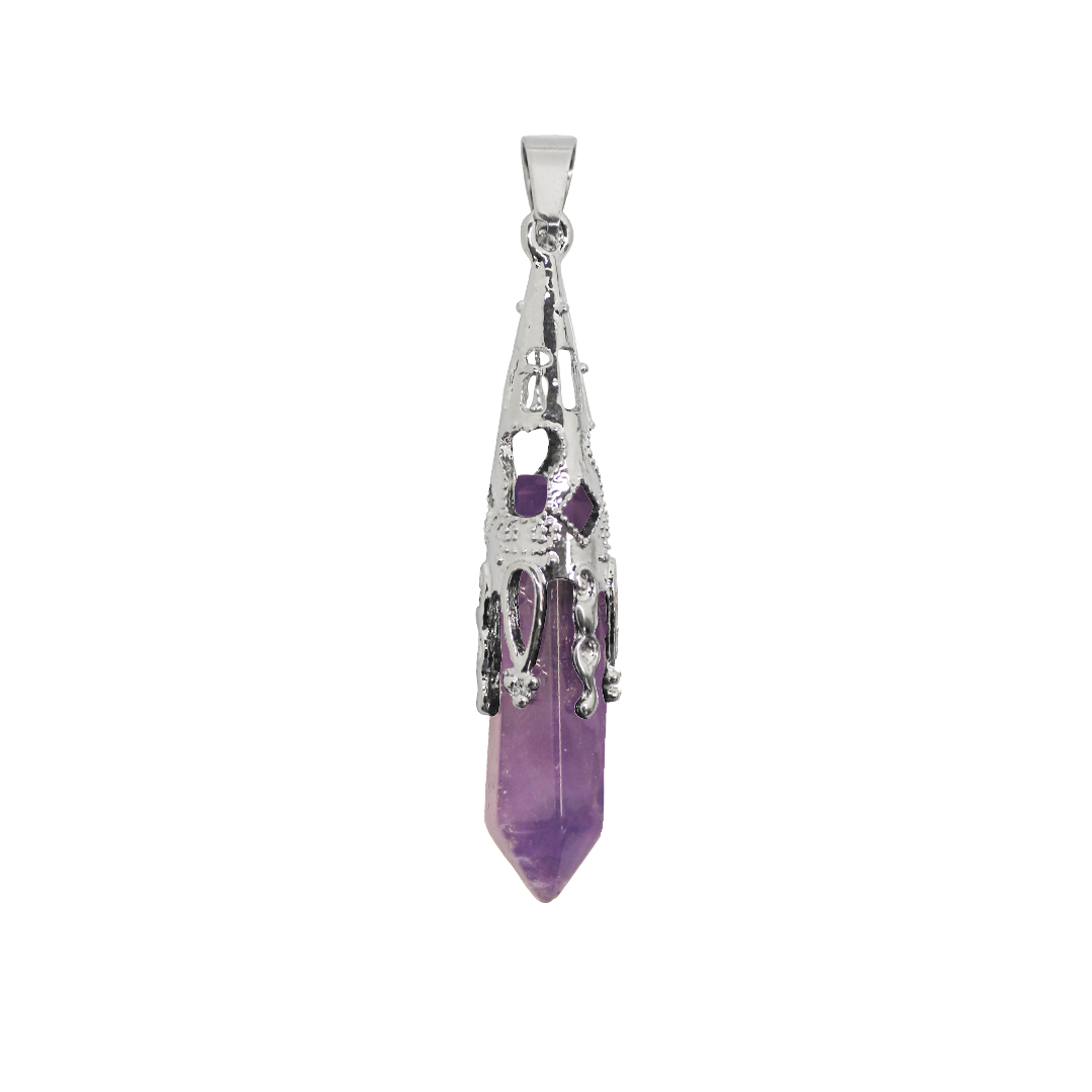 Gemstone Pendant, Hexagonal Pointed, Silver, Alloy, 53mm x 11mm, Sold Per pkg of 1, Available in Multiple Gemstones