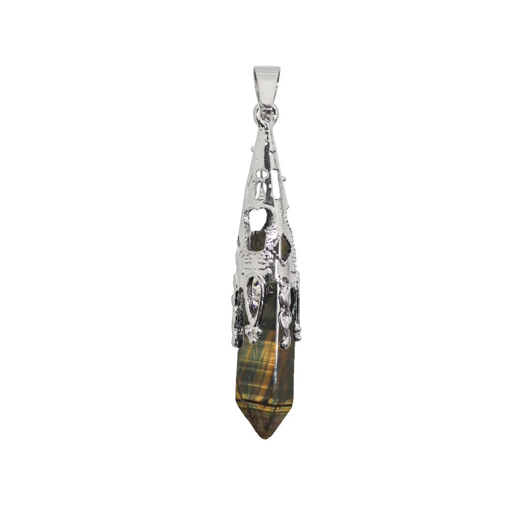 Gemstone Pendant, Hexagonal Pointed, Silver, Alloy, 53mm x 11mm, Sold Per pkg of 1, Available in Multiple Gemstones