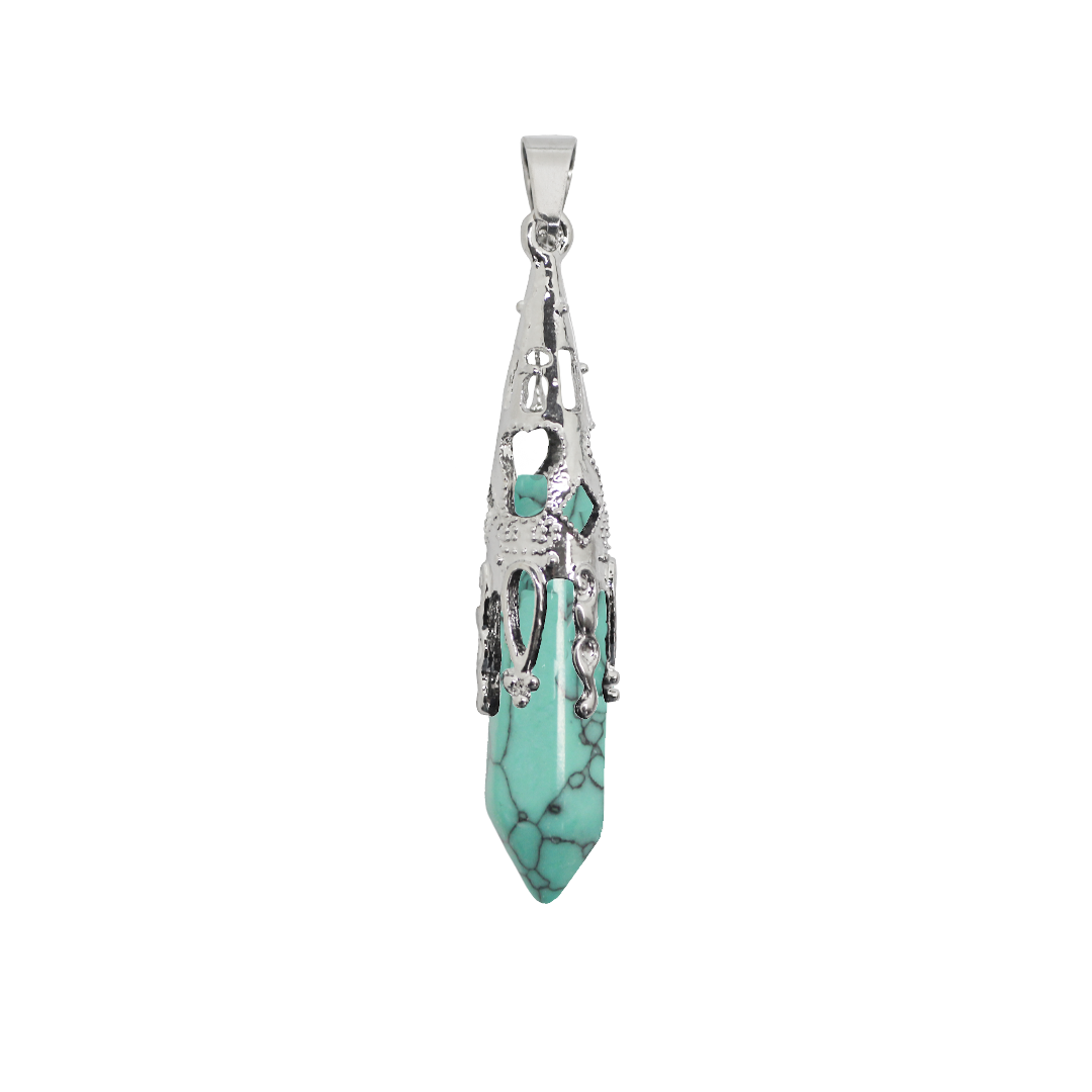 Gemstone Pendant, Hexagonal Pointed, Silver, Alloy, 53mm x 11mm, Sold Per pkg of 1, Available in Multiple Gemstones