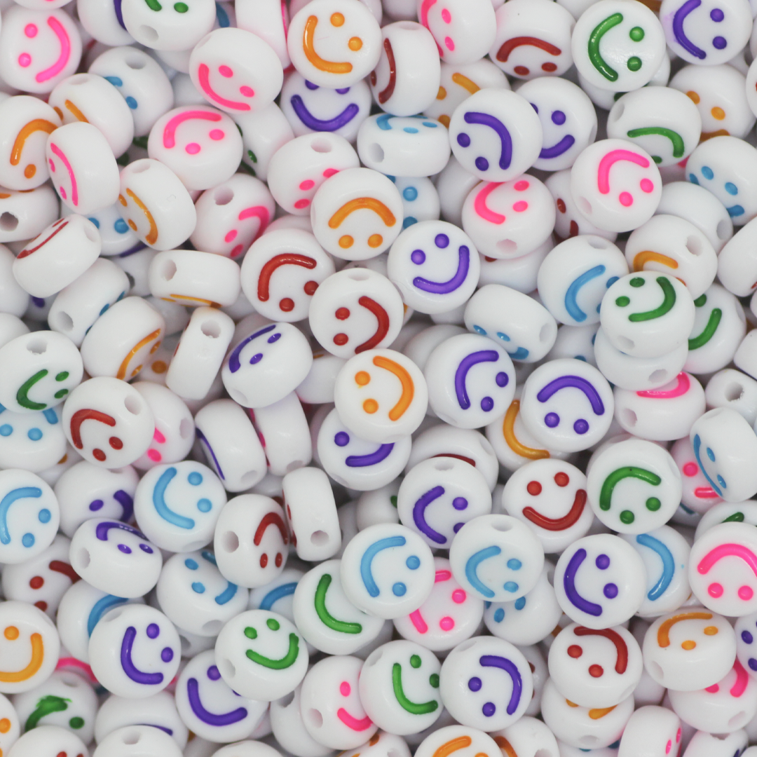 Plastic Flat Smiley Face Beads, 7mm, White with Mixed Colours, Sold Per pkg of Approx 650