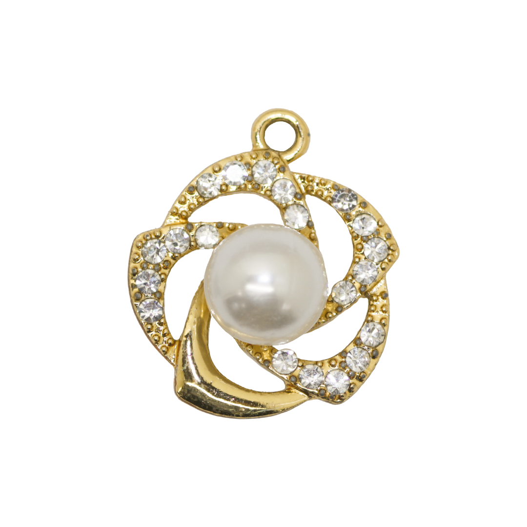Pendant, Rhinestone Flower Pearl, Gold, Alloy, 22mm x 19mm x 10mm, Sold Per pkg of 6