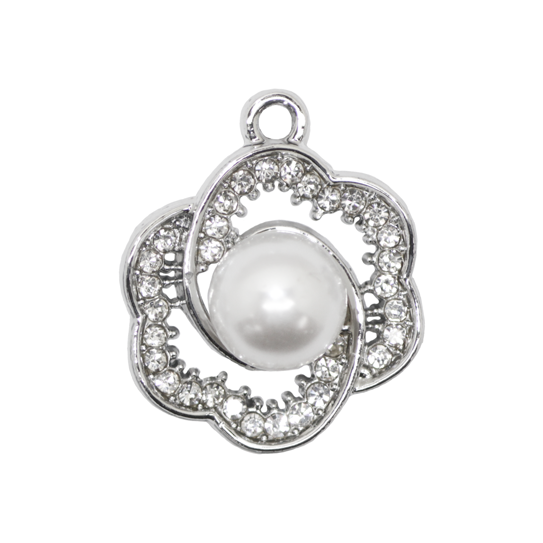 Pendant, Rhinestone Flower Pearl, Silver, Alloy, 23mm x 19mm x 9.5mm, Sold Per pkg of 6