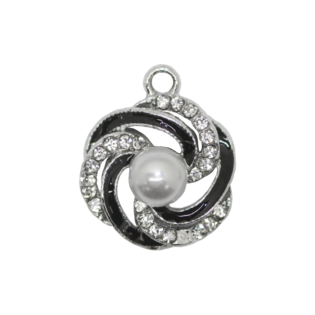 Pendant, Rhinestone Flower Pearl, Silver & Black, Alloy, 18.5mm x 15mm x 7mm, Sold Per pkg of 6