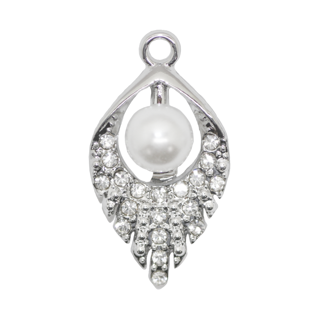 Pendant, Rhinestone Leaf Pearl, Silver, Alloy, 26mm x 14mm x 8.5mm, Sold Per pkg of 6