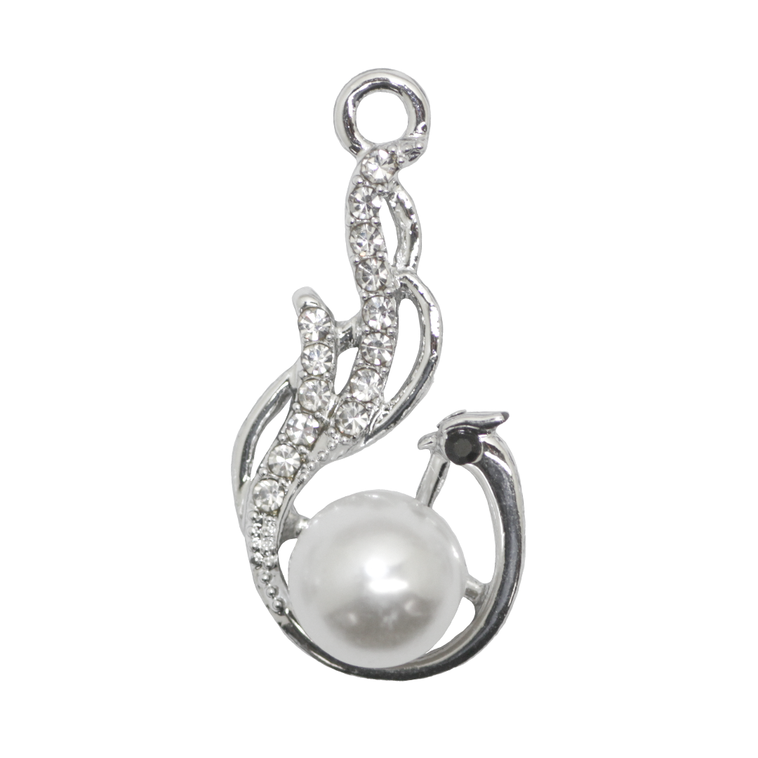 Pendant, Rhinestone Pearl Swan, Silver, Alloy, 27mm x 13mm x 9.5mm, Sold Per pkg of 6