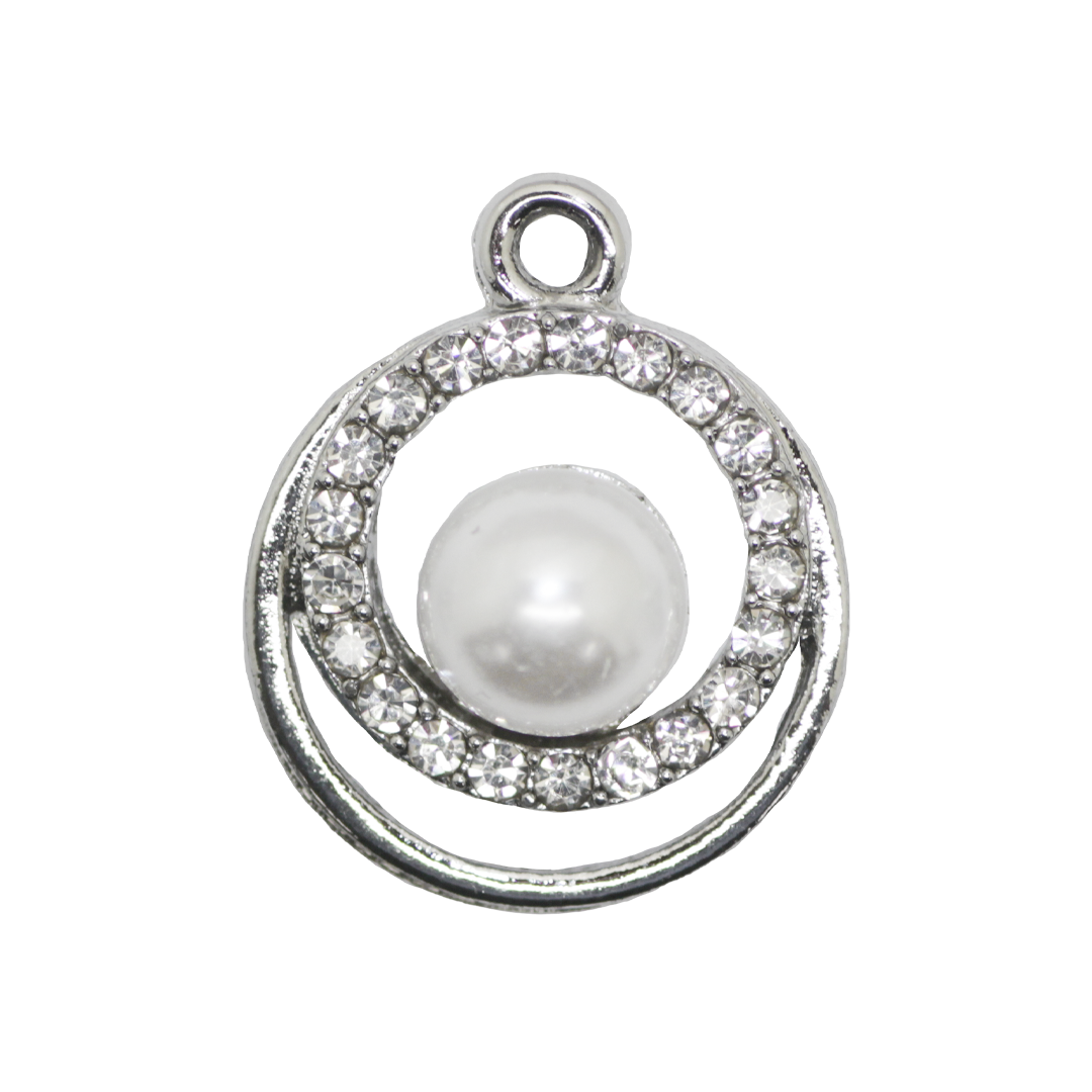 Pendant, Rhinestone Round Pearl, Silver, Alloy, 21.5mm x 17.5mm x 9mm, Sold Per pkg of 6