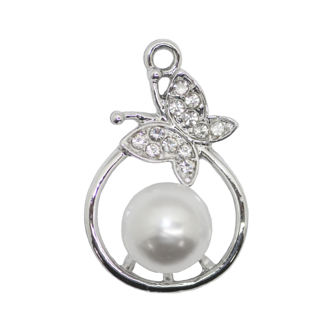 Pendant, Rhinestone Butterfly Round Pearl, Silver, Alloy, 27mm x 17.5mm x 11mm, Sold Per pkg of 6
