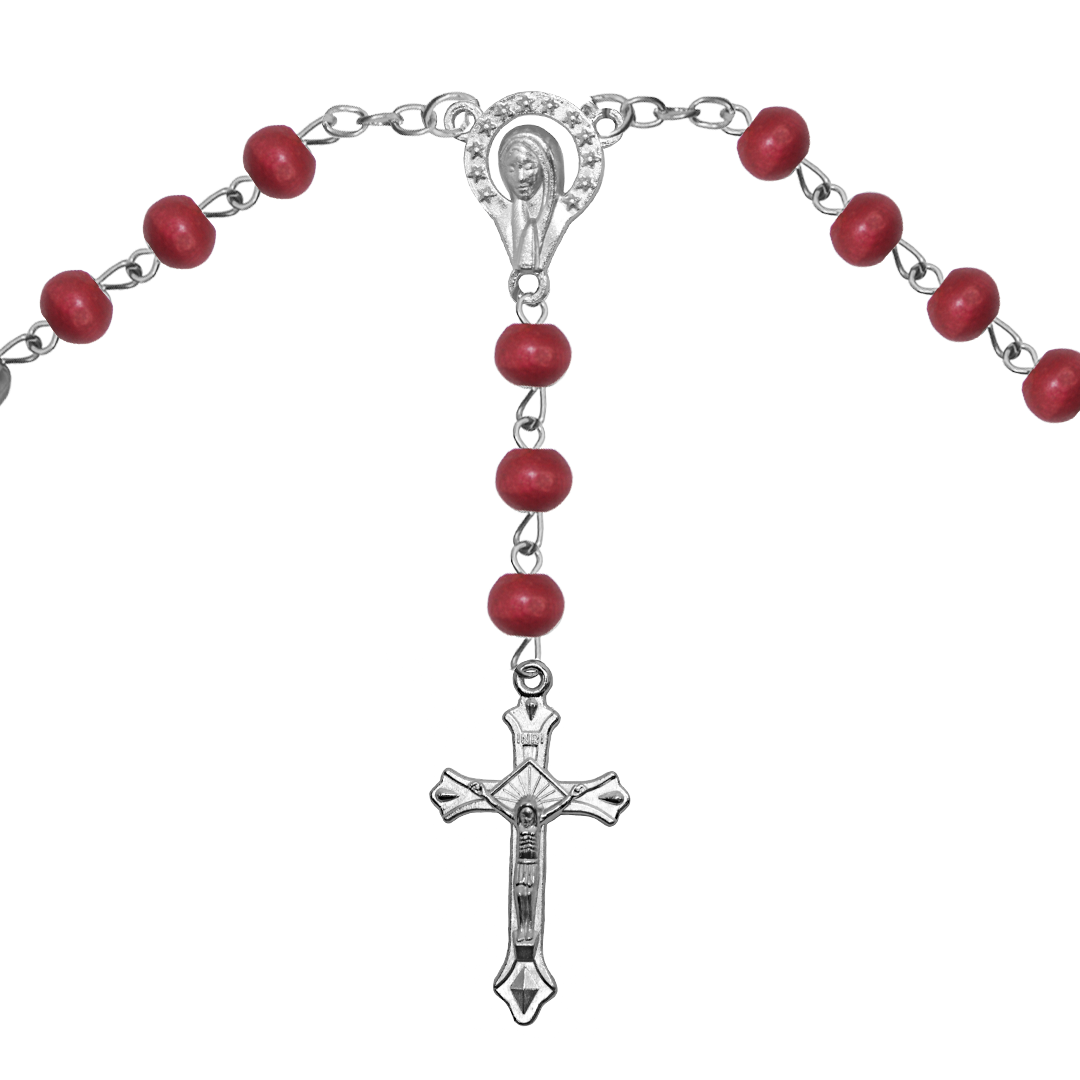 Rosary Necklace, Silver, Alloy, 6.5mm Round Red Wood Beads, 19" - 1 pc