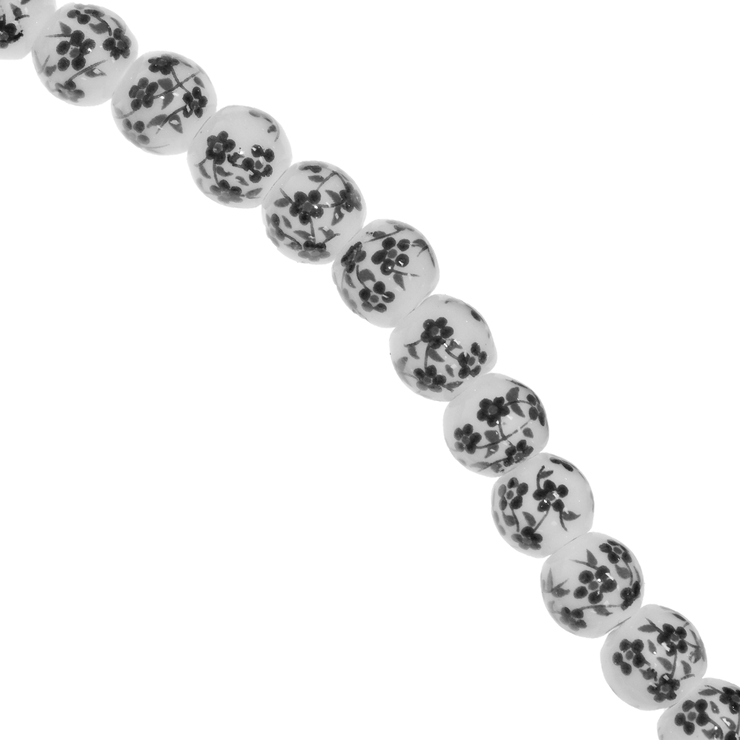 Porcelain Beads, Round, Floral, 10mm, White, Approx 22 pcs per strand, Available in Multiple Colours