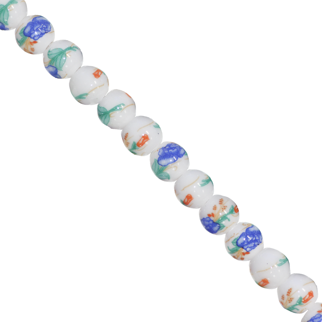 Porcelain Beads, Round, Floral, 8mm, White, Approx 30 pcs per strand, Available in Multiple Colours