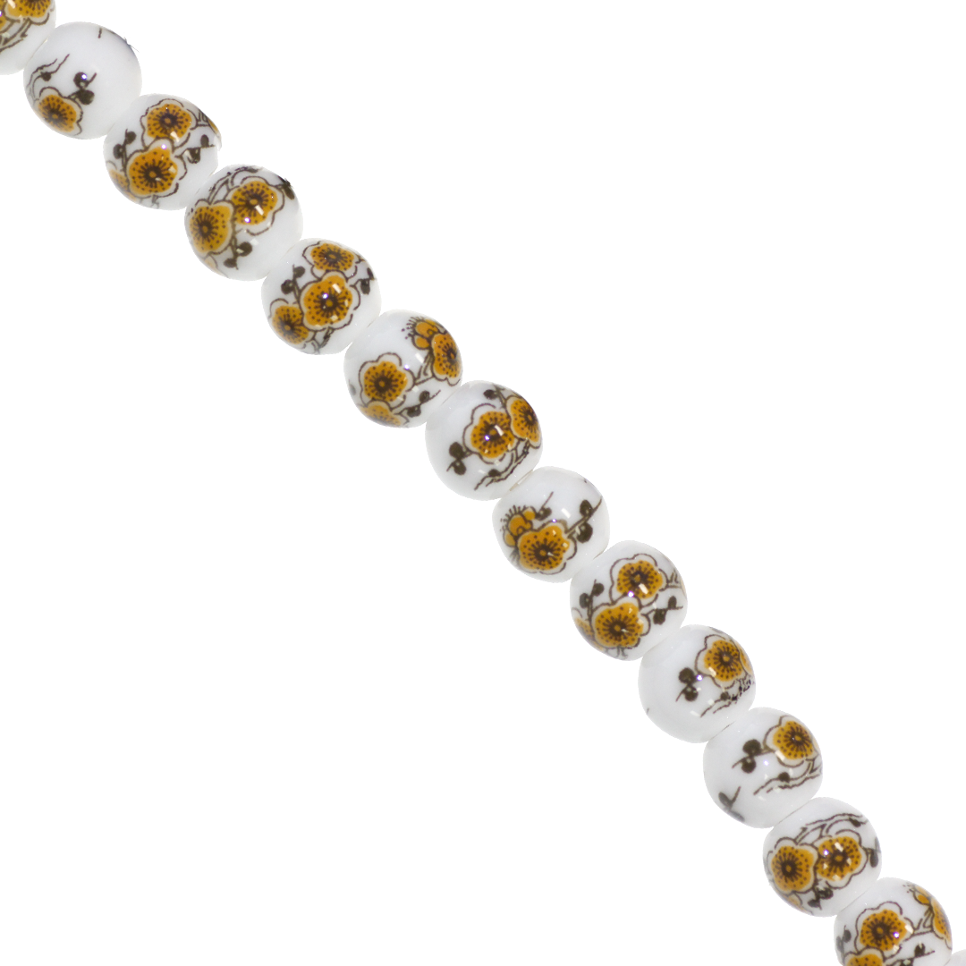 Porcelain Beads, Round, Floral, 8mm, White, Approx 30 pcs per strand, Available in Multiple Colours