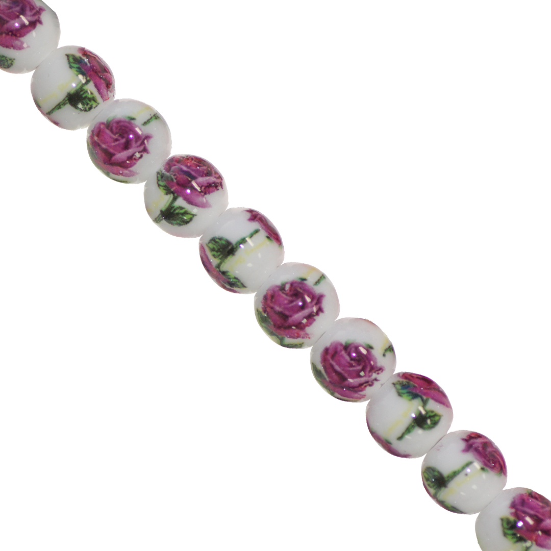 Porcelain Beads, Round, Floral, 10mm, White, Approx 22 pcs per strand, Available in Multiple Colours