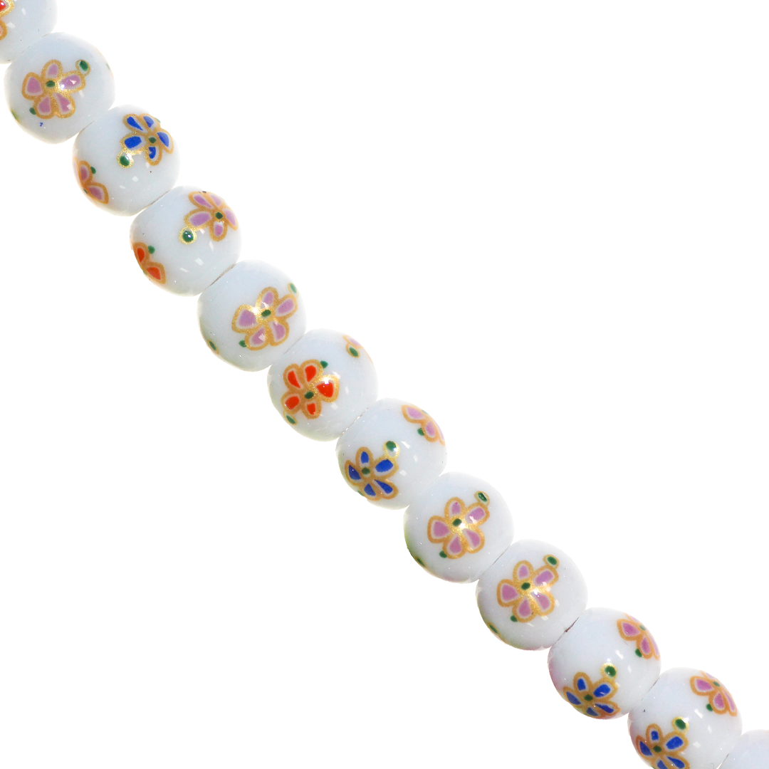 Porcelain Beads, Round, Floral, 8mm, White, Approx 30 pcs per strand, Available in Multiple Colours