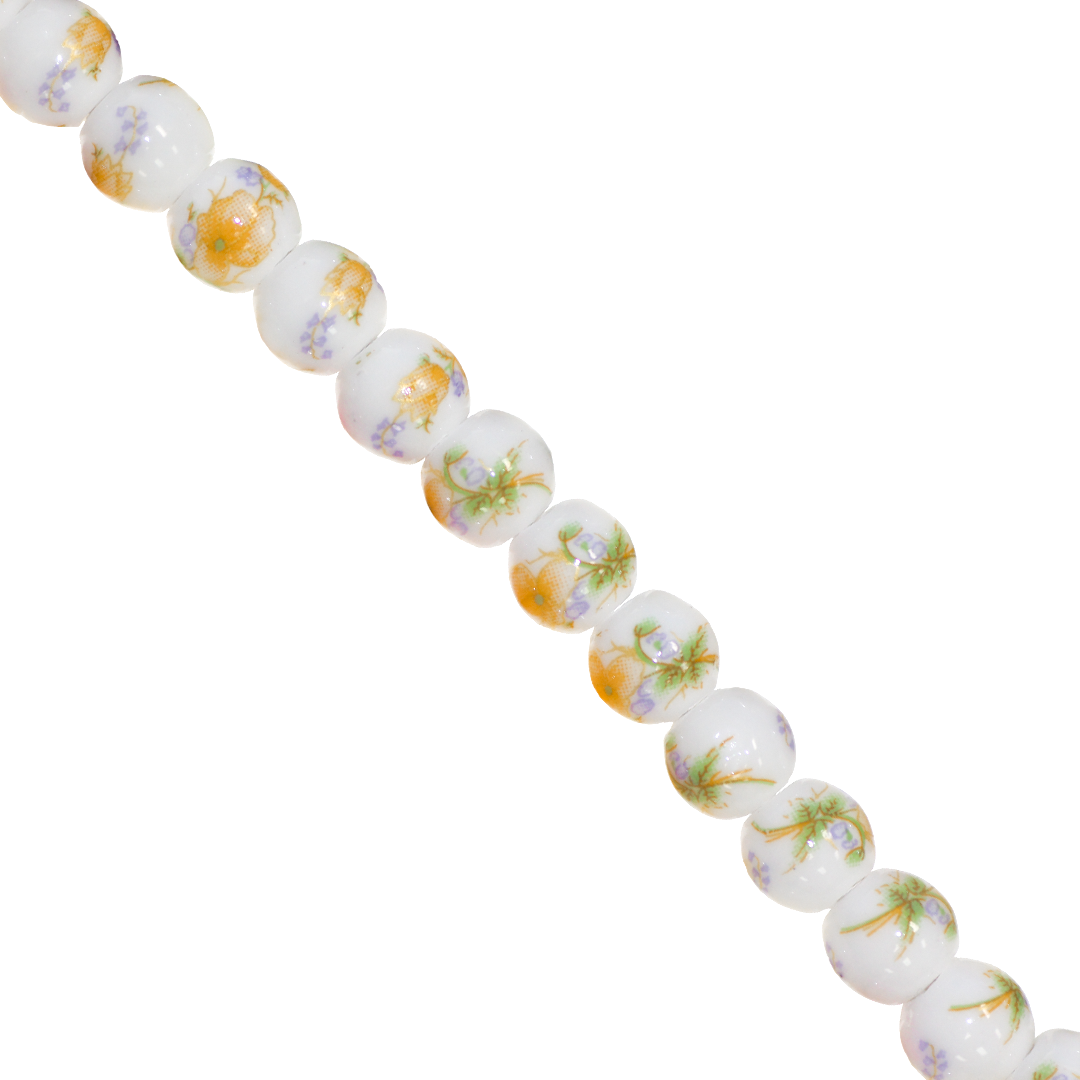 Porcelain Beads, Round, Floral, 8mm, White, Approx 30 pcs per strand, Available in Multiple Colours