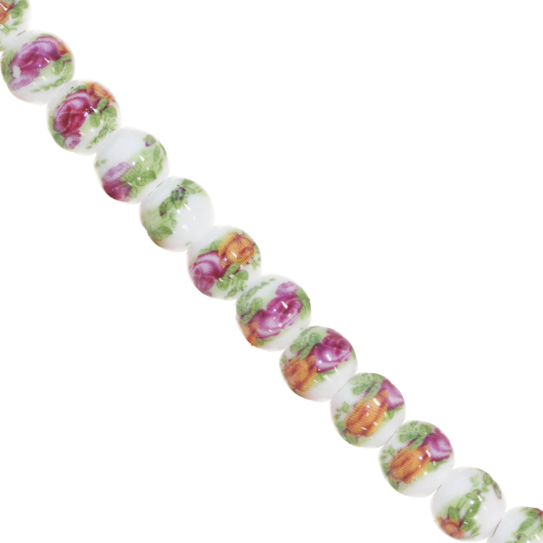 Porcelain Beads, Round, Floral, 8mm, White, Approx 30 pcs per strand, Available in Multiple Colours