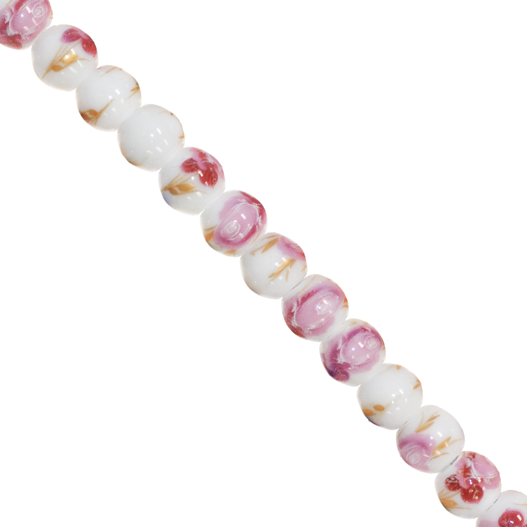 Porcelain Beads, Round, Floral, 8mm, White, Approx 30 pcs per strand, Available in Multiple Colours