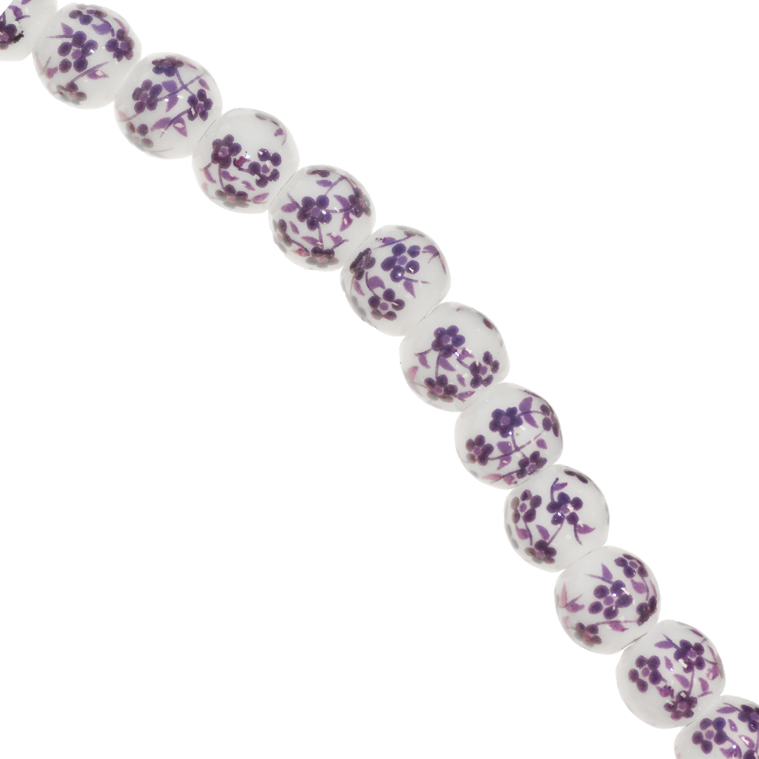 Porcelain Beads, Round, Floral, 8mm, White, Approx 30 pcs per strand, Available in Multiple Colours