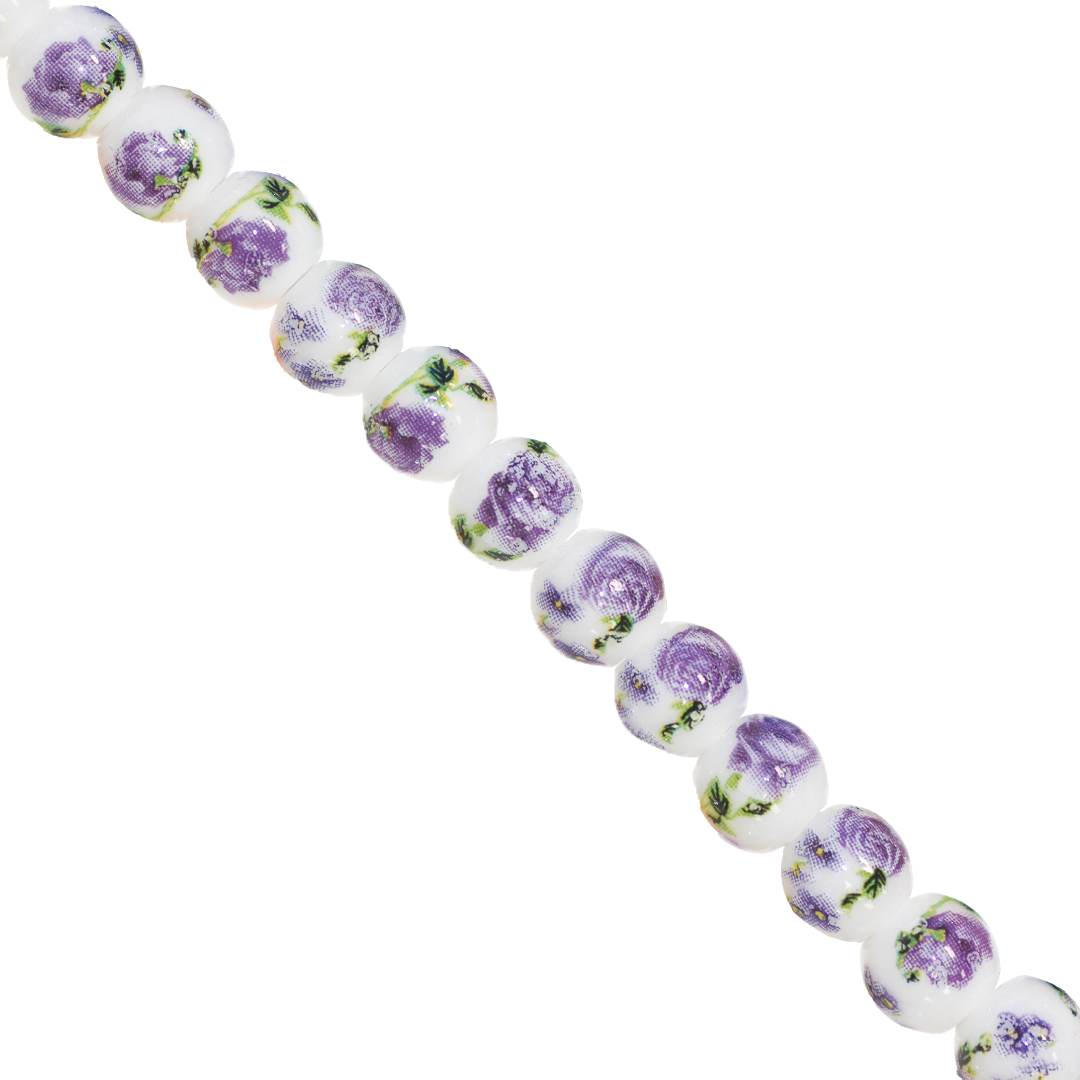 Porcelain Beads, Round, Floral, 8mm, White, Approx 30 pcs per strand, Available in Multiple Colours