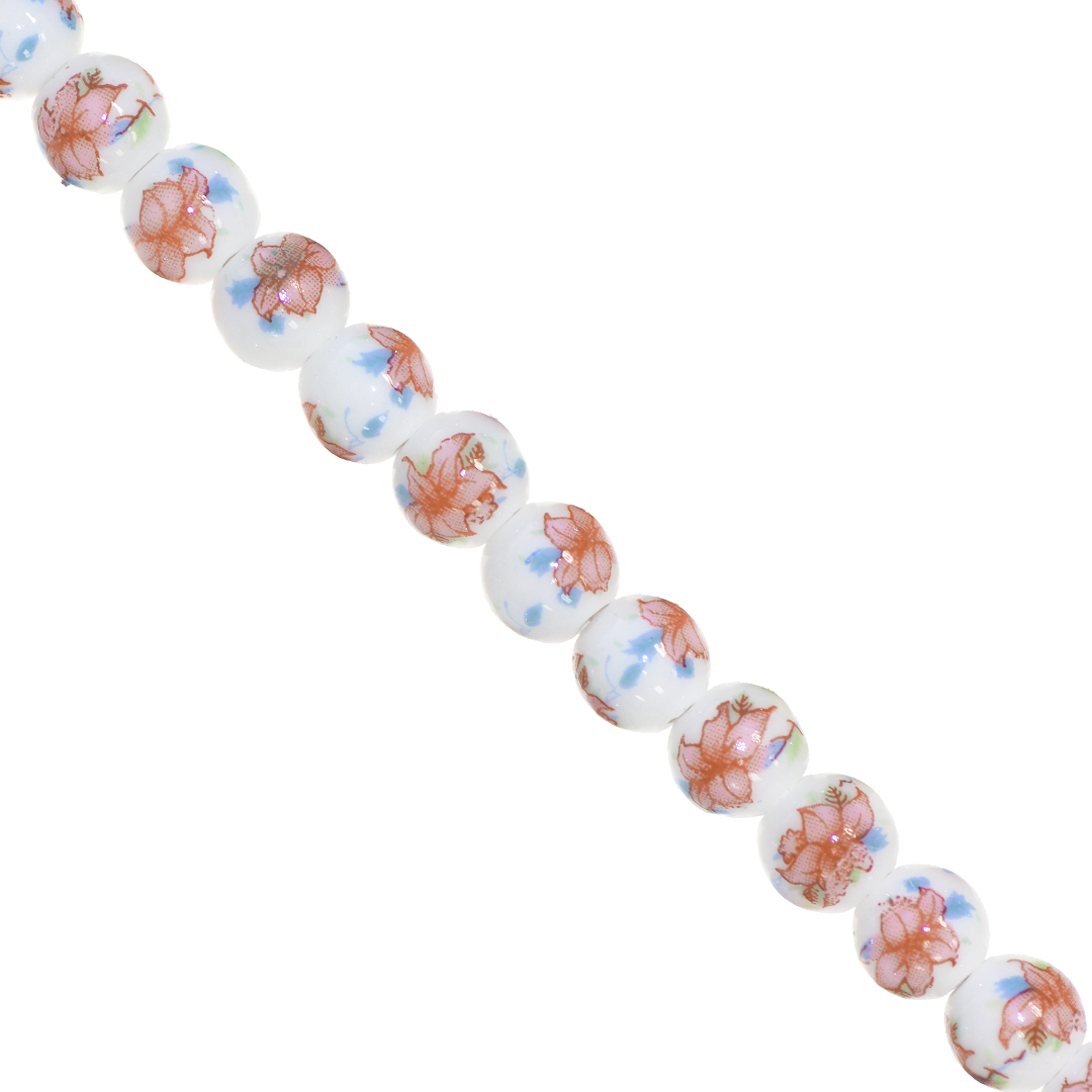 Porcelain Beads, Round, Floral, 8mm, White, Approx 30 pcs per strand, Available in Multiple Colours